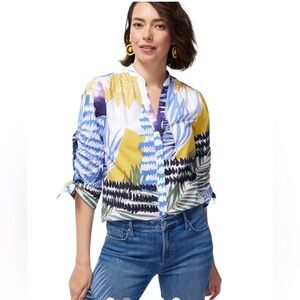 Chico’s Mixed Foliage Print Cotton Blouse Billow Ruched 3/4 Sleeve Size 3 XL/16
